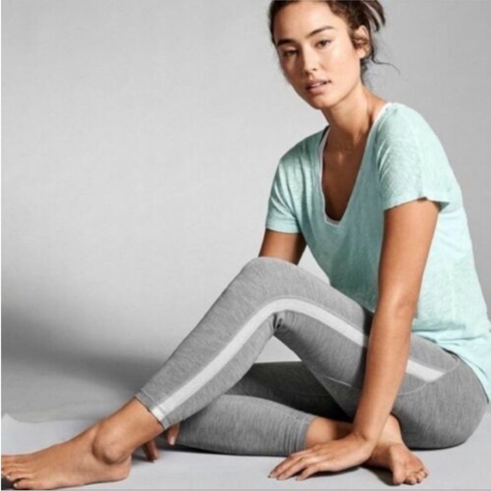 Athleta Grey Leggings with cutout white stripes Small